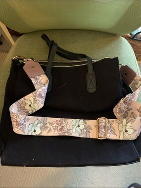 Erin Condren Black Shoulder Tote with Floral Pink Adjustable Strap